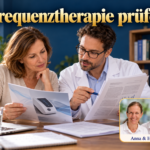 Frequenztherapie prüfen – Anna und Herbert - Herbert Eder - Frequenzforscher Eine Frau und ein Fachmann vergleichen eine Gerätebroschüre mit Forschungsunterlagen zur Prüfung von Gesundheitsversprechen. Porträtbadge Anna und Herbert rechts unten.