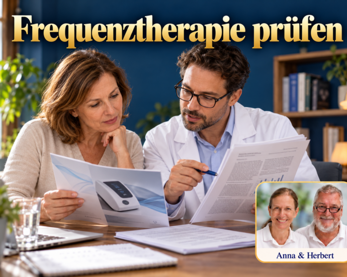 Eine Frau und ein Fachmann vergleichen eine Gerätebroschüre mit Forschungsunterlagen zur Prüfung von Gesundheitsversprechen. Porträtbadge Anna und Herbert rechts unten.