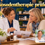 Nosodentherapie prüfen – Anna und Herbert - Herbert Eder - Frequenzforscher Fachfrau und Frau prüfen Informationsblätter vor neutralen Globuli- und Tropfenfläschchen zum Thema Nosodentherapie. Porträtbadge Anna und Herbert rechts unten.