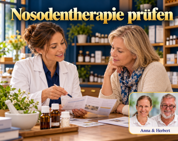 Fachfrau und Frau prüfen Informationsblätter vor neutralen Globuli- und Tropfenfläschchen zum Thema Nosodentherapie. Porträtbadge Anna und Herbert rechts unten.
