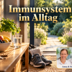 Immunsystem im Alltag - Herbert Eder - Frequenzforscher Obstschale und Wasserglas auf einer Konsole neben einer offenen Gartentür; Schuhe stehen auf dem Boden. Anna und Herbert sind rechts unten im Porträt-Badge zu sehen.