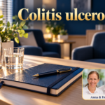 Colitis ulcerosa - Herbert Eder - Frequenzforscher Ruhiger Besprechungsbereich mit dunkelblauem Notizbuch, Stift und Wasserkaraffe auf einem Tisch. Anna und Herbert sind rechts unten im Porträt-Badge zu sehen.