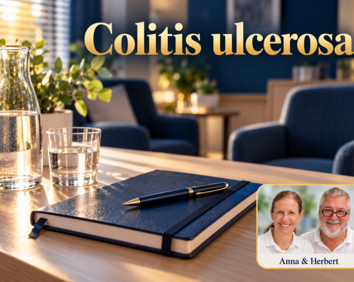 A quiet meeting area with a dark blue notebook, a pen, and a water carafe on a table. Anna and Herbert can be seen in the portrait badge at the bottom right.