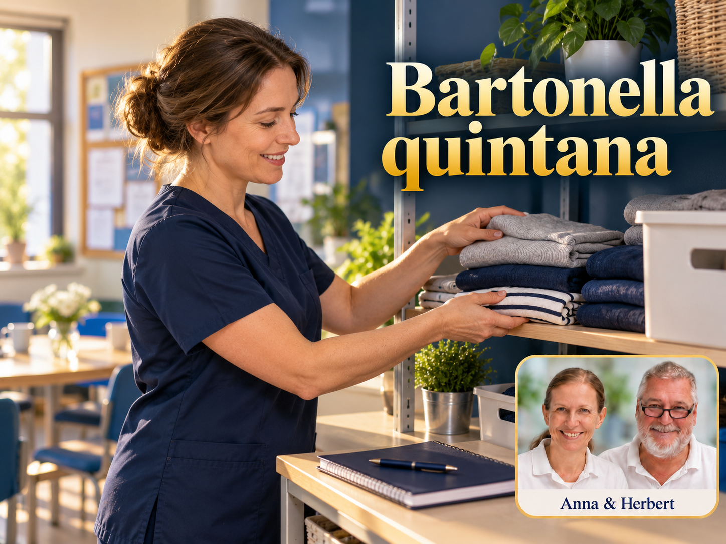 Bartonella quintana – Anna und Herbert - Herbert Eder - Frequenzforscher Frau legt gefaltete Kleidung auf einen Stapel unter dem Titel Bartonella quintana.