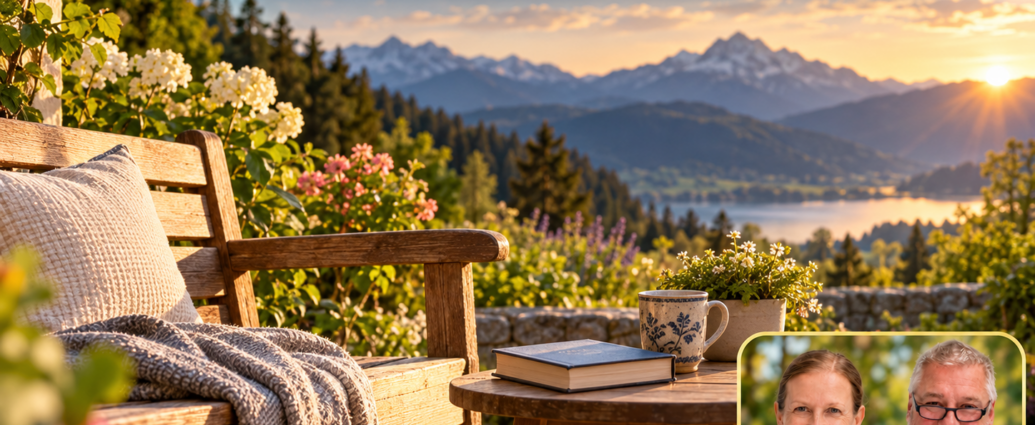 Time to Live – Anna and Herbert - Herbert Eder - Frequency Researcher A garden bench and a small table with a book and a cup in front of an alpine landscape; a portrait badge of Anna and Herbert in the lower right corner.