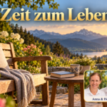 Zeit zum Leben – Anna und Herbert - Herbert Eder - Frequenzforscher Eine Gartenbank und ein kleiner Tisch mit Buch und Tasse vor einer alpinen Landschaft; Porträt-Badge Anna und Herbert rechts unten.