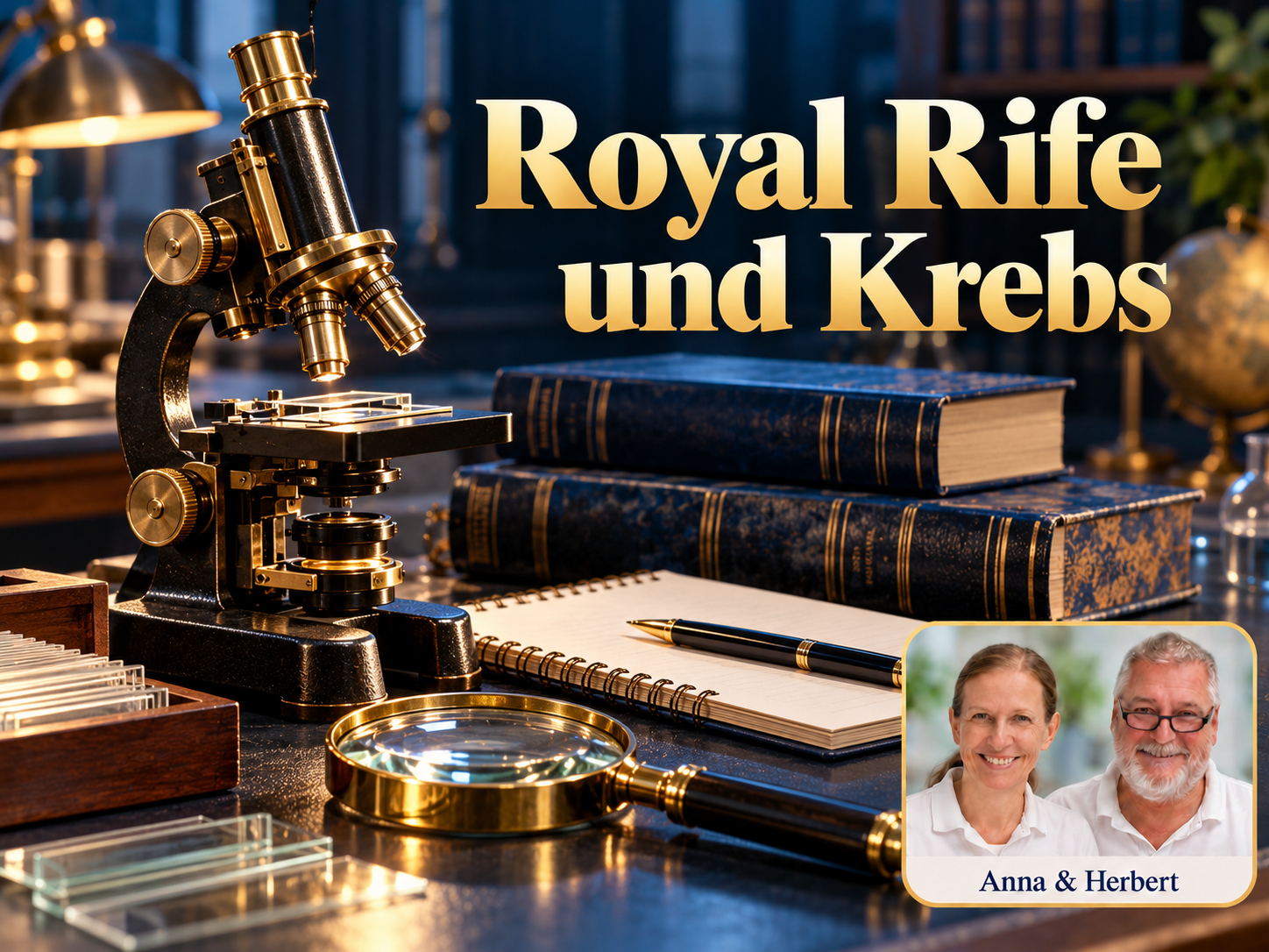 Royal Rife und Krebs – Anna und Herbert - Herbert Eder - Frequenzforscher Historisch wirkendes Messingmikroskop, Bücher und Lupe unter dem Titel Royal Rife und Krebs.