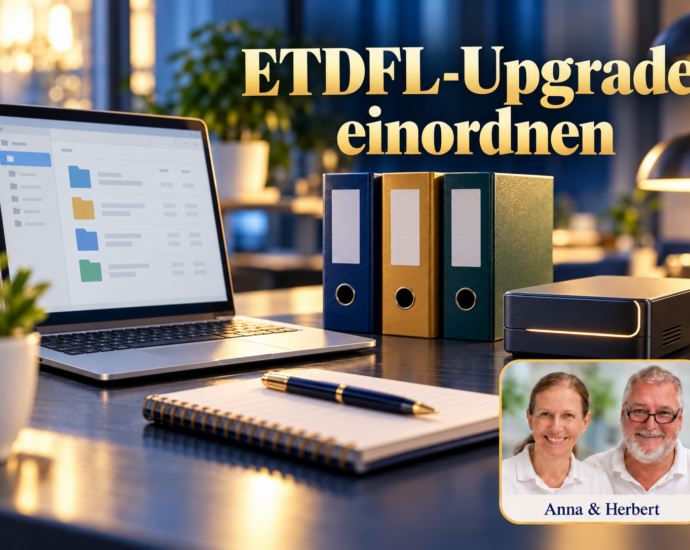 Laptop mit schematischer Dateiansicht, Ordner und neutrales Gerät. Symbolbild zur Einordnung eines ETDFL-Upgrades, keine echte Softwareoberfläche; Anna & Herbert rechts unten. Porträtbadge Anna und Herbert rechts unten.