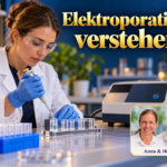Elektroporation verstehen – Anna und Herbert - Herbert Eder - Frequenzforscher Frau mit Schutzbrille und Handschuhen pipettiert neben einem Laborgerät unter dem Titel Elektroporation verstehen.
