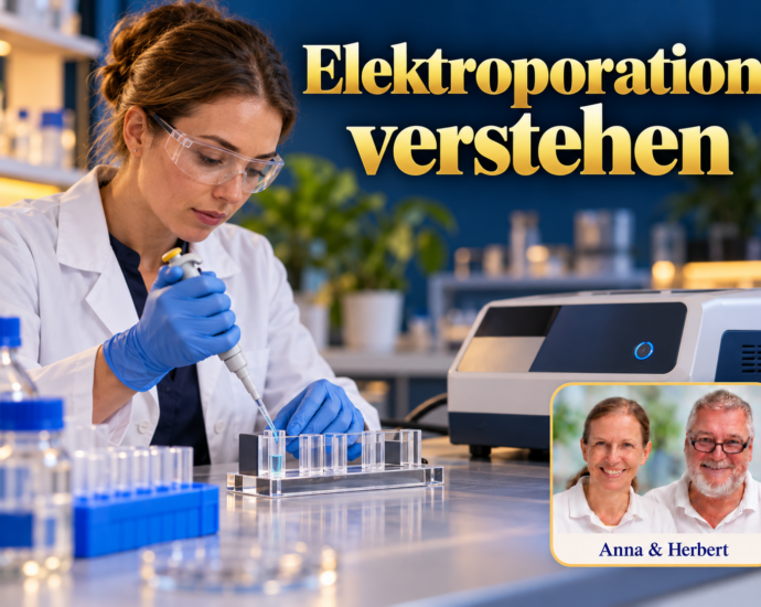 Frau mit Schutzbrille und Handschuhen pipettiert neben einem Laborgerät unter dem Titel Elektroporation verstehen.