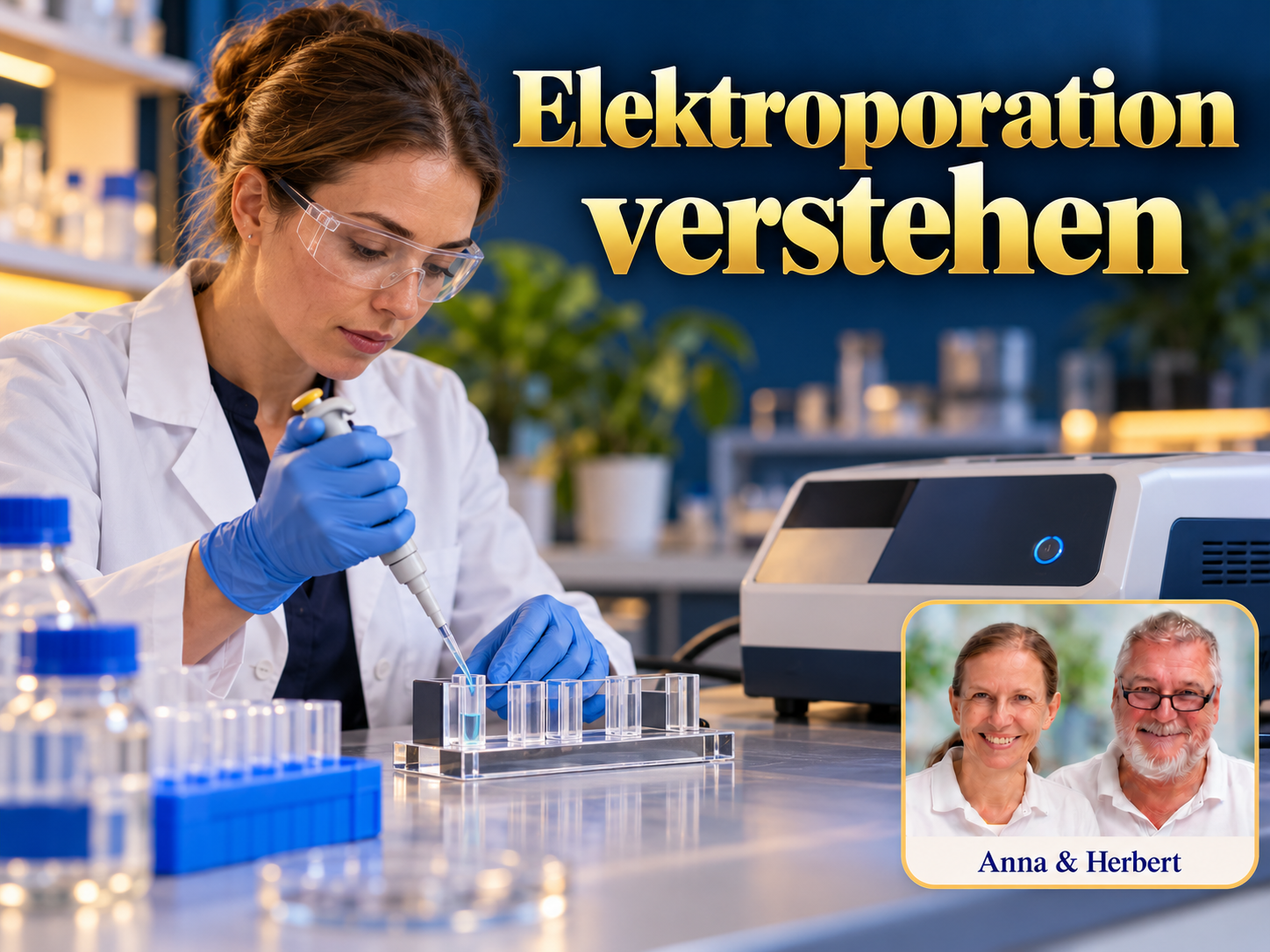 Elektroporation verstehen – Anna und Herbert - Herbert Eder - Frequenzforscher Frau mit Schutzbrille und Handschuhen pipettiert neben einem Laborgerät unter dem Titel Elektroporation verstehen.
