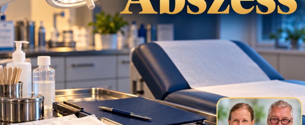 Abszess – Anna und Herbert - Herbert Eder - Frequenzforscher Vorbereitete Untersuchungsliege mit Untersuchungsleuchte, verschlossenen Wundauflagen und blauer Patientenmappe. Porträtbadge Anna und Herbert rechts unten.