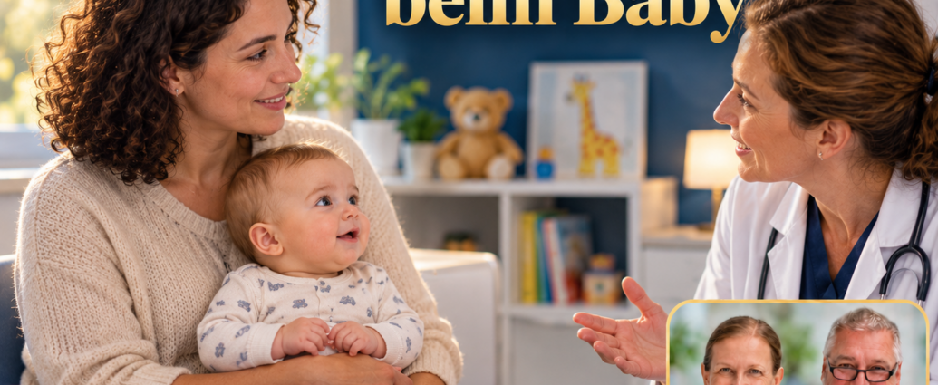 Hemangiom u kojence – Anna a Herbert – Herbert Eder – výzkumník v oblasti frekvencí Fiktivní matka s tmavými kudrnatými vlasy drží oblečené miminko během klidného rozhovoru u pediatra. Portrétní odznak s Annou a Herbertem vpravo dole.