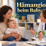 Hemangiom u kojence – Anna a Herbert – Herbert Eder – výzkumník v oblasti frekvencí Fiktivní matka s tmavými kudrnatými vlasy drží oblečené miminko během klidného rozhovoru u pediatra. Portrétní odznak s Annou a Herbertem vpravo dole.