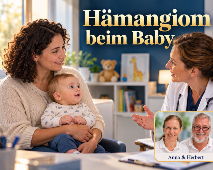 Fiktivní matka s tmavými kudrnatými vlasy drží oblečené miminko během klidného rozhovoru u pediatra. Portrétní odznak s Annou a Herbertem vpravo dole.