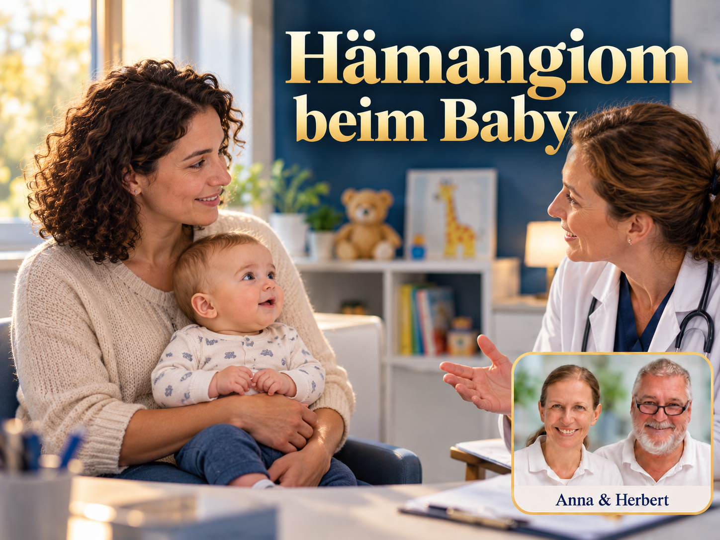 Hemangiom u kojence – Anna a Herbert – Herbert Eder – výzkumník v oblasti frekvencí Frau hält ein Baby mit rotem Fleck an der Stirn im Gespräch mit einer Person im weißen Mantel.