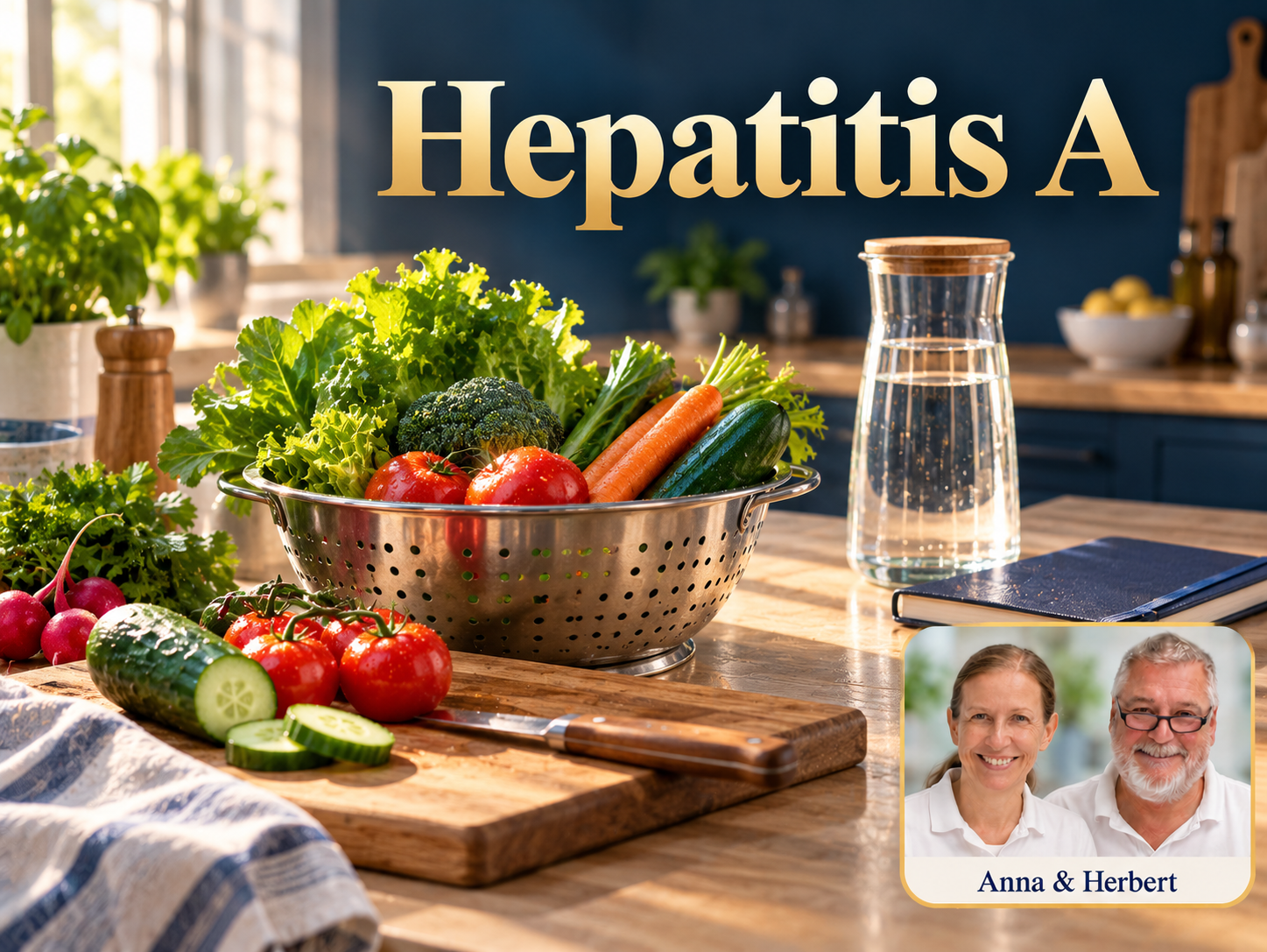 Hepatitis A - Herbert Eder - Frequenzforscher Gemüse in einem Sieb neben Schneidebrett und Wasserkaraffe unter dem Titel Hepatitis A.