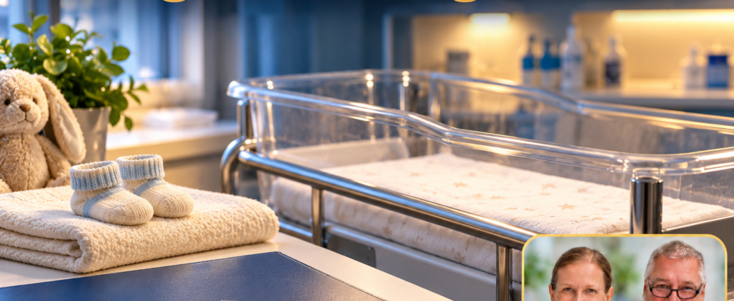Neugeborenengelbsucht – Anna und Herbert - Herbert Eder - Frequenzforscher Leeres Babybett im Krankenhaus mit heller Decke, kleinen Stricksöckchen und blauer Krankenakte. Porträtbadge Anna und Herbert rechts unten.