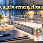 Neugeborenengelbsucht – Anna und Herbert - Herbert Eder - Frequenzforscher Leeres Babybett im Krankenhaus mit heller Decke, kleinen Stricksöckchen und blauer Krankenakte. Porträtbadge Anna und Herbert rechts unten.