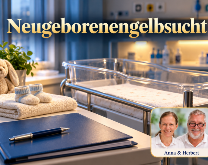 Leeres Babybett im Krankenhaus mit heller Decke, kleinen Stricksöckchen und blauer Krankenakte. Porträtbadge Anna und Herbert rechts unten.