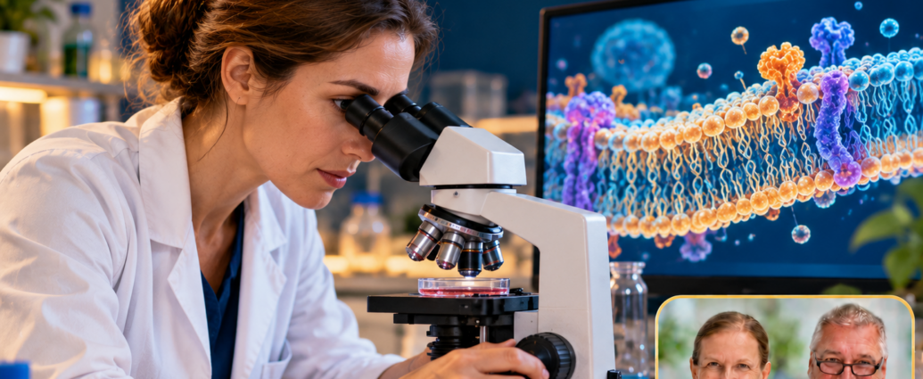 EMF und Zellmembranen – Anna und Herbert - Herbert Eder - Frequenzforscher Wissenschaftlerin am Mikroskop neben einer schematischen Darstellung einer Zellmembran auf einem Bildschirm. Porträtbadge Anna und Herbert rechts unten.