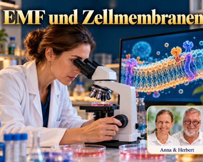 Wissenschaftlerin am Mikroskop neben einer schematischen Darstellung einer Zellmembran auf einem Bildschirm. Porträtbadge Anna und Herbert rechts unten.