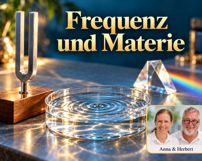 Eine Stimmgabel, eine Glasschale mit Wasserringen und ein Glasprisma als symbolische Gegenstände; Porträt-Badge Anna und Herbert rechts unten.