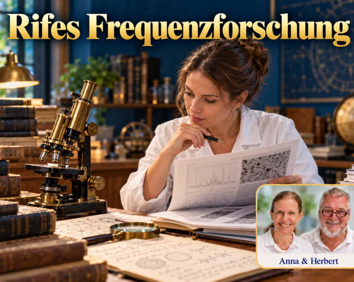 Frau betrachtet Unterlagen neben einem alten Mikroskop unter dem Titel Rifes Frequenzforschung.