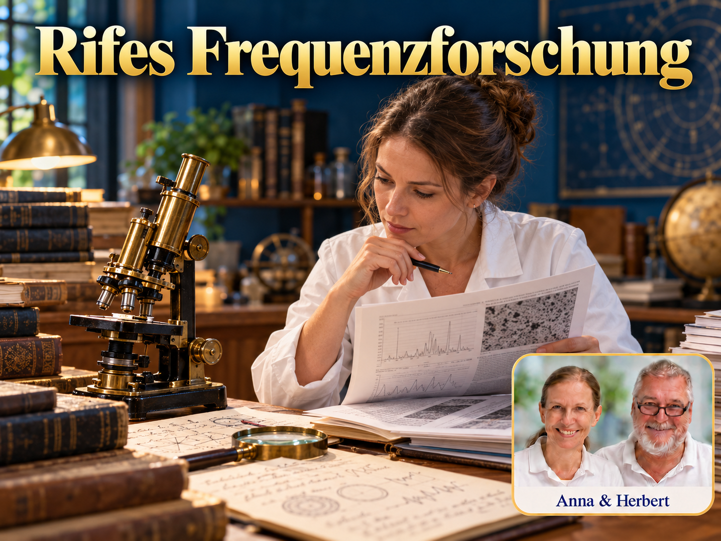 Rifes Frequenzforschung – Anna und Herbert - Herbert Eder - Frequenzforscher Frau betrachtet Unterlagen neben einem alten Mikroskop unter dem Titel Rifes Frequenzforschung.