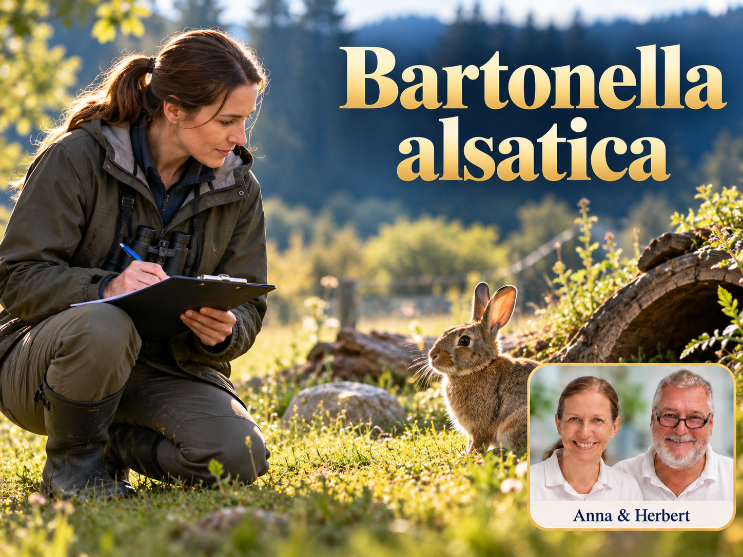 Bartonella alsatica – Anna und Herbert - Herbert Eder - Frequenzforscher Frau mit Klemmbrett beobachtet ein Kaninchen im Freien unter dem Titel Bartonella alsatica.