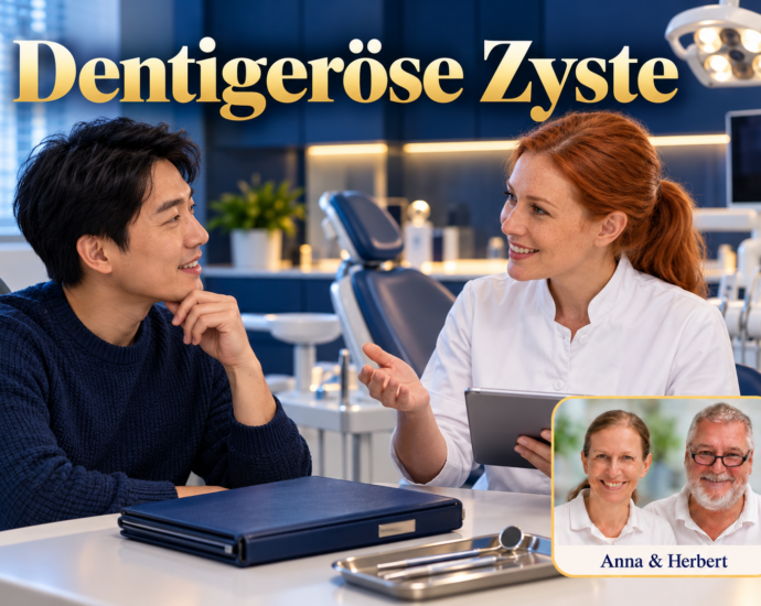 Mann und Frau im weißen Mantel sprechen in einer zahnärztlichen Umgebung unter dem Titel Dentigeröse Zyste.