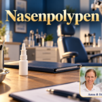 Nasenpolypen - Herbert Eder - Frequenzforscher Nasenspray und Mappe vor einem leeren HNO-Untersuchungsstuhl; Anna und Herbert im Badge rechts unten.