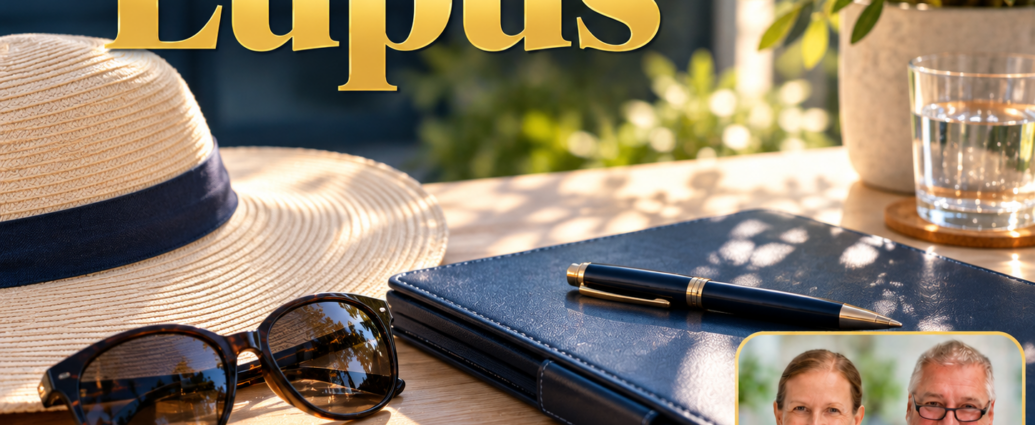 Lupus – Anna und Herbert - Herbert Eder - Frequenzforscher Breitkrempiger Hut, Sonnenbrille und geschlossene blaue Mappe auf einem Tisch im Halbschatten. Porträtbadge Anna und Herbert rechts unten.