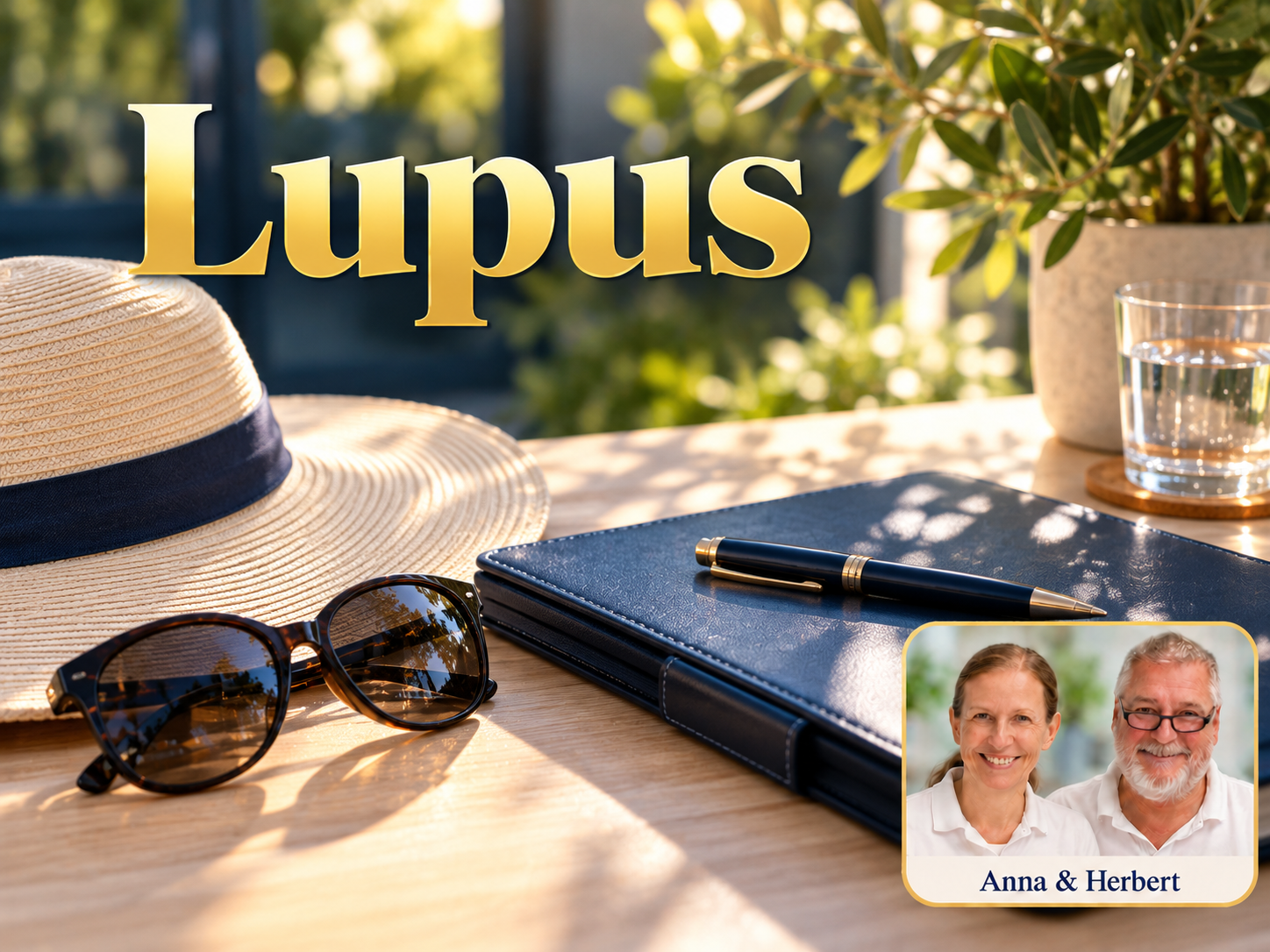Lupus – Anna e Herbert - Herbert Eder - Ricercatore nel campo delle frequenze Sonnenhut, Sonnenbrille, Notizbuch und Wasserglas unter dem Titel Lupus.