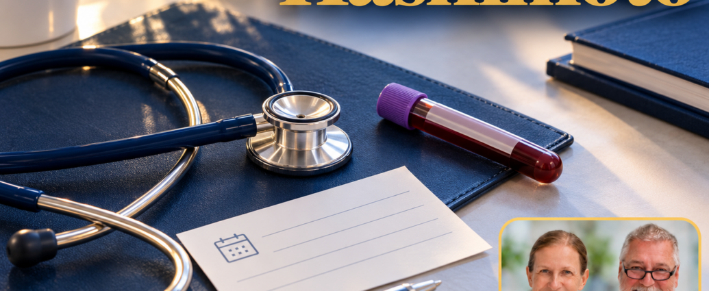 Hashimoto – Anna und Herbert - Herbert Eder - Frequenzforscher Blaue Patientenmappe, Stethoskop, Terminnotiz und verschlossenes Probenröhrchen auf einem Behandlungstisch. Porträtbadge Anna und Herbert rechts unten.