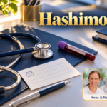Hashimoto – Anna und Herbert - Herbert Eder - Frequenzforscher Blaue Patientenmappe, Stethoskop, Terminnotiz und verschlossenes Probenröhrchen auf einem Behandlungstisch. Porträtbadge Anna und Herbert rechts unten.