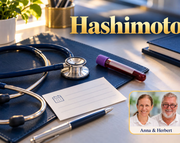 Blaue Patientenmappe, Stethoskop, Terminnotiz und verschlossenes Probenröhrchen auf einem Behandlungstisch. Porträtbadge Anna und Herbert rechts unten.