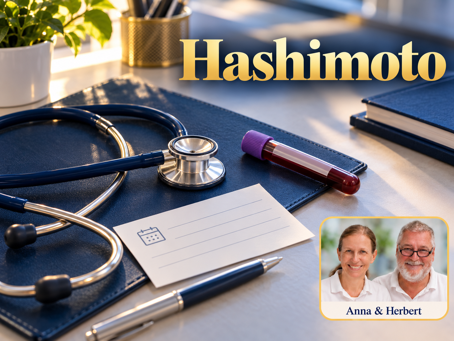 Hashimoto – Anna und Herbert - Herbert Eder - Frequenzforscher Stethoskop, Probenröhrchen, Terminkarte und Notizbuch unter dem Titel Hashimoto.