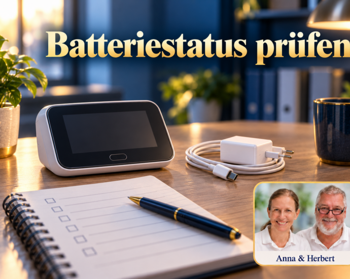 Neutrales geschlossenes Gerät mit dunklem Bildschirm, separat abgelegtes Ladegerät und Notizbuch. Symbolbild zur Akkukontrolle, keine verbindliche Produktdarstellung; Anna & Herbert rechts unten. Porträtbadge Anna und Herbert rechts unten.