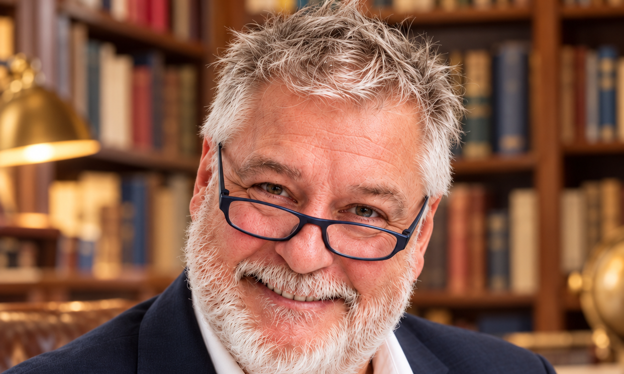 cropped-Hebrert-Eder-Bibliothekpng - Herbert Eder - Frequenzforscher Smiling older man with gray hair and blue glasses in a library setting behind him