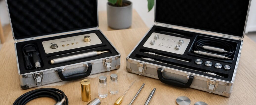 frequenz-therapiecom-vs-steramedig-der-vergleich-2026-1791075145-1 - Herbert Eder - Frequenzforscher Two open metal instrument cases on a wooden table reveal precision tooling—probes, handpieces, cables, and small calibration weights laid out in foam inserts, with a plant in the background.