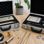 frequency-therapy.com-vs-steramedig-the-comparison-2026-1791075145-1 - Herbert Eder - Frequency Researcher Two open metal instrument cases on a wooden table reveal precision tools—probes, handpieces, cables, and small calibration weights arranged in foam inserts, with a plant in the background.