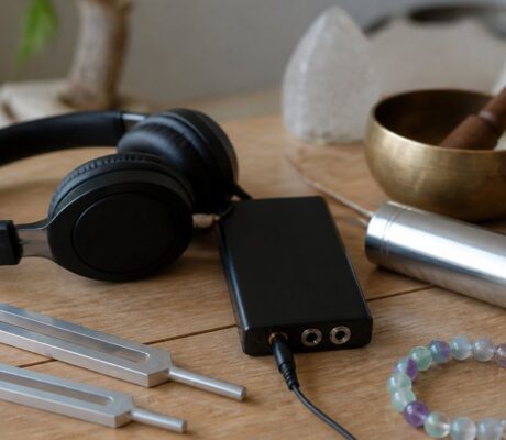 frequency-therapy-for-stress-top-5-approaches-1791612795-1 - Herbert Eder - Frequency Researcher Headphones with a portable audio interface, two tuning forks, a singing bowl with a mallet, and a beaded bracelet on a wooden table (music therapy/tools setup).