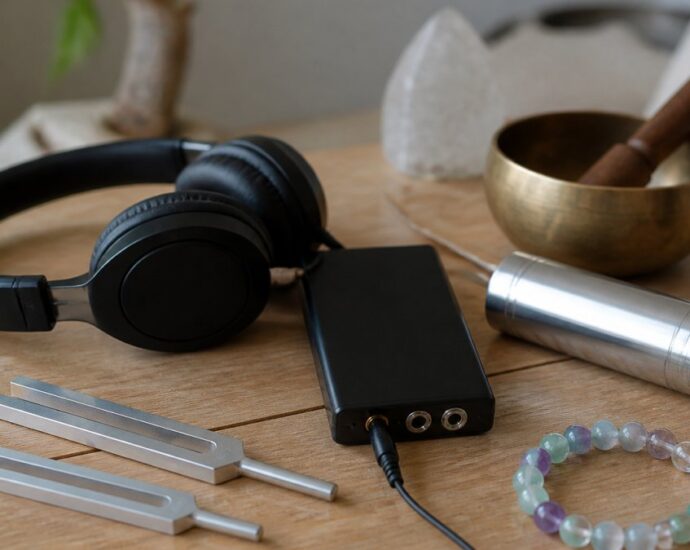Headphones with a portable audio interface, two tuning forks, a singing bowl with a mallet, and a beaded bracelet on a wooden table (music therapy/tools setup).