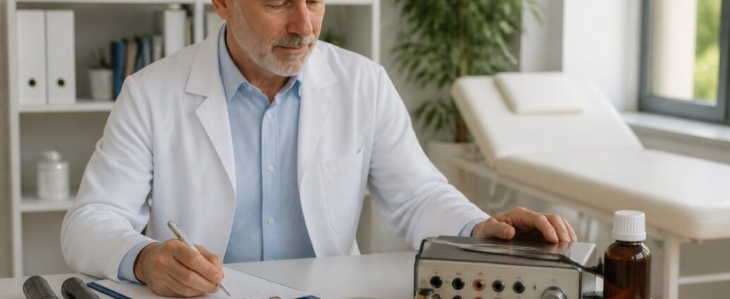 frequenztherapie-fur-arzte-integrative-medizin-2026-1790897547-1 - Herbert Eder - Frequenzforscher Older male doctor in a white coat writes on a clipboard beside medical equipment and a brown bottle in a clinic setting.