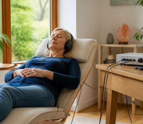 frequency-therapy-for-health-conscious-people-effects-and-application-1791176919 - Herbert Eder - Frequency Researcher A woman wearing headphones is reclining in a cream-colored chair, her eyes closed, enjoying music in a sunlit room with plants on the windowsill.