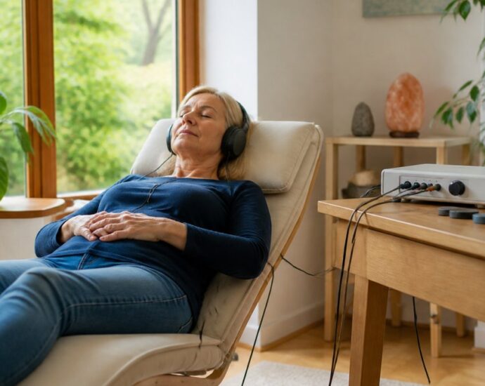 A woman wearing headphones is reclining in a cream-colored chair, her eyes closed, enjoying music in a sunlit room with plants on the windowsill.