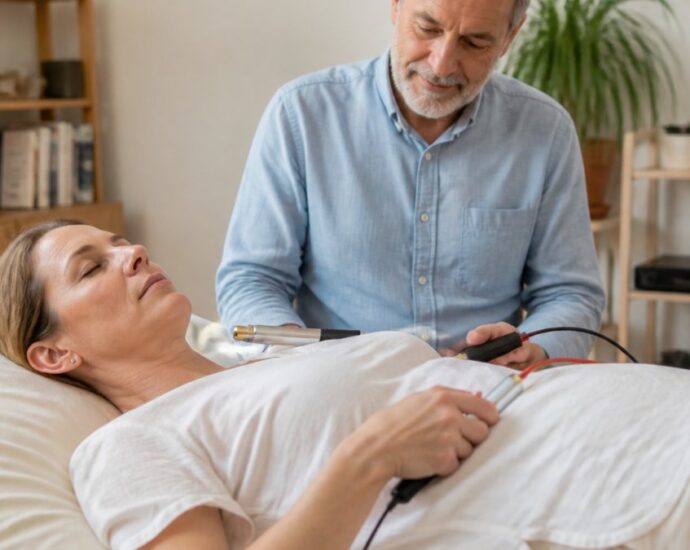 A middle-aged patient lying in bed with electrodes attached to his chest, receiving electrical stimulation from a clinician using a handheld device.