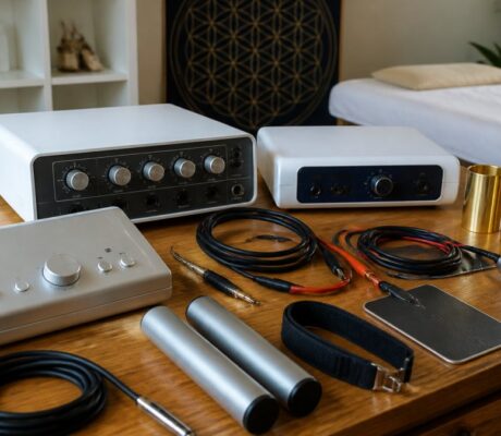 buy-frequency-therapy-devices-for-the-practice-comparison-2026-1791348532-2 - Herbert Eder - Frequency Researcher Sound therapy or audio equipment set up on a wooden table in a spa or wellness room, including amplifiers, cables, and microphones.