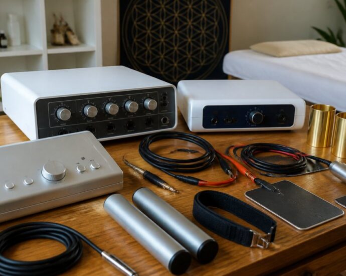 Sound therapy or audio equipment set up on a wooden table in a spa or wellness room, including amplifiers, cables, and microphones.